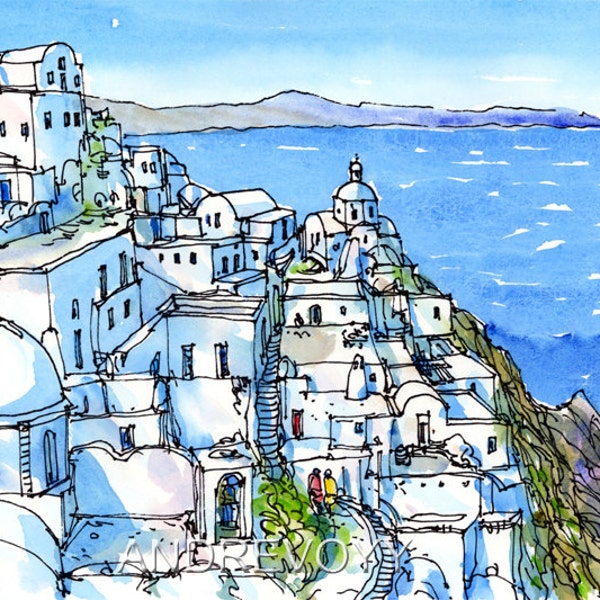 Santorini Fira 2 Grecia impresión de arte de una pintura original de acuarela