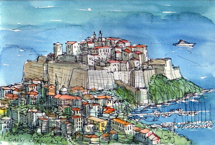 オリジナルの水彩画から作られたフランスのコルシカ島カルヴィのアート