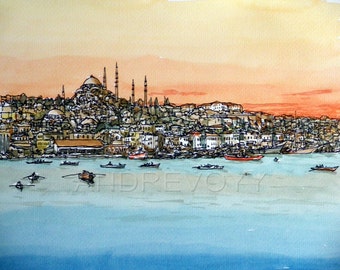 Istanbul Bosphorus Turkey art print from an original watercolor painting