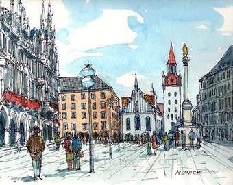 Munich art  print from an  original watercolor painting