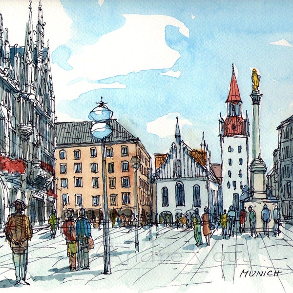 Impresión artística de Múnich a partir de una pintura de acuarela original