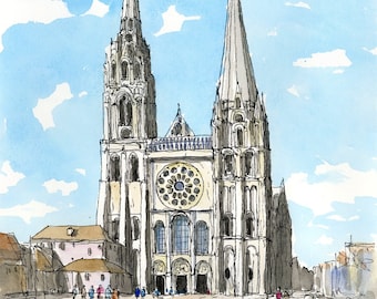 CHARTRES CATHEDRAL France art print from an original watercolor painting