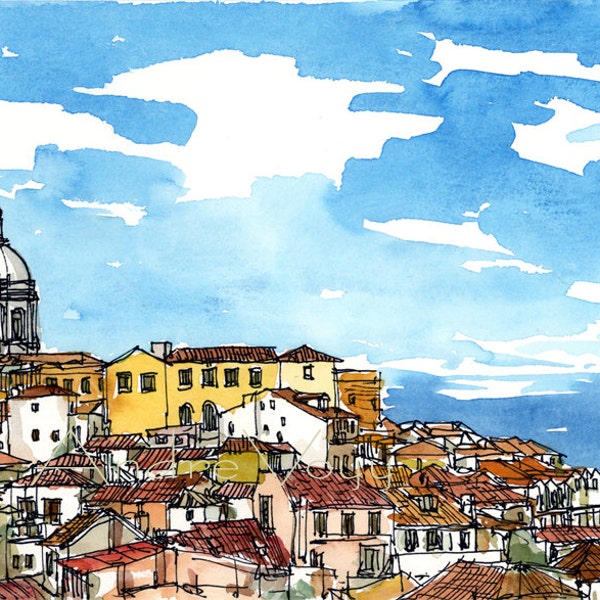 Lisboa Lisboa Portugal impresión de arte de una pintura original de acuarela