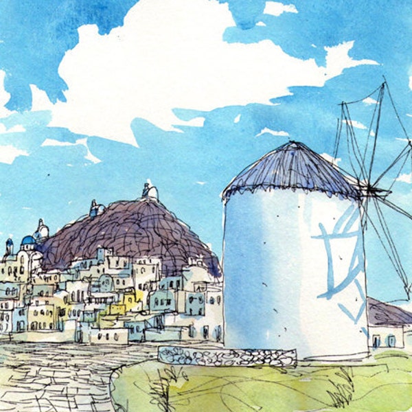 Art de la Grèce de moulin à vent iOS impression d'une peinture aquarelle originale
