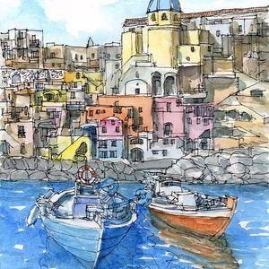 May include: Watercolor painting of a colorful Italian village with a church and a blue dome. Two small boats are docked in the harbor in front of the village. The painting is signed "Andre Vouy" and says "Procida" at the bottom.
