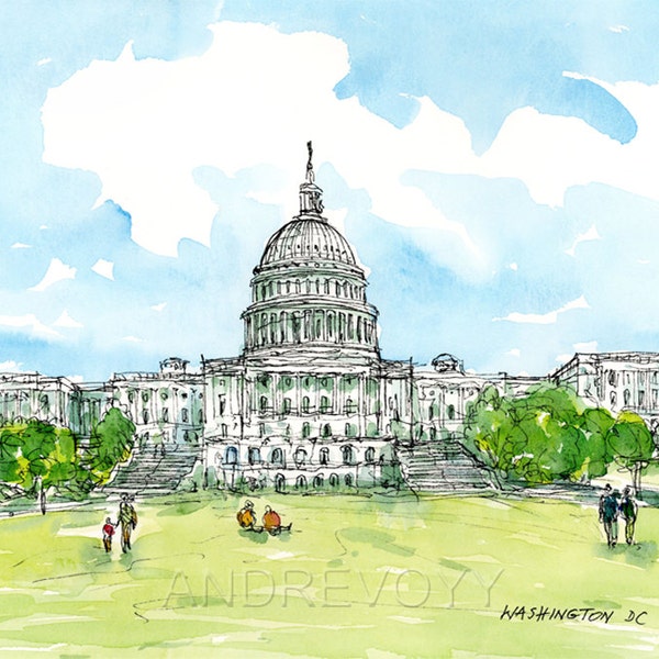 Stampa d'arte Capitol Washington DC dalla pittura ad acquerello originale