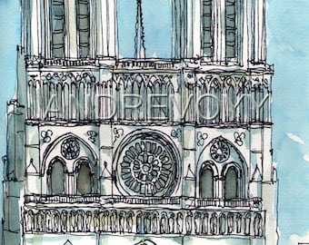 May include: A black and white ink drawing of Notre Dame Cathedral in Paris, France. The drawing depicts the front facade of the cathedral, including the two towers, the rose window, and the main entrance.