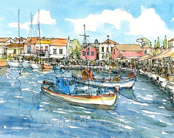 Kefalonia Fiscardo Greece art print from an original watercolor painting