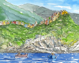 Corniglia Italy art print from an original watercolor painting