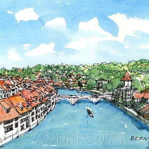 Bern Switzerland art print from an original watercolor painting