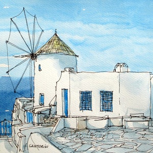 Santorini Oia Windmill Greece art print from an original watercolour painting