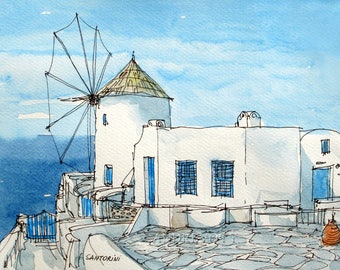 Santorini Oia Windmill Greece art print from an original watercolour painting