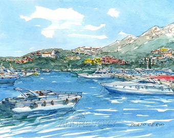 Porto Cervo Sardegna Sardinia  Italy art print from an original watercolor painting