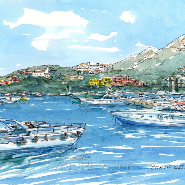 Porto Cervo Sardegna Sardinia  Italy art print from an original watercolor painting