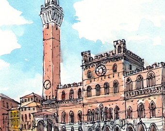 Siena Piazza del Campo art print from an original  watercolor painting