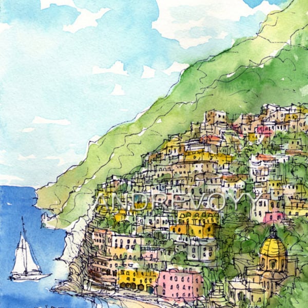 Positano Italy art print from an original  watercolor painting