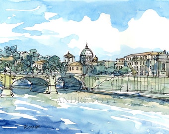 Rome Tiber Italy art print from an original watercolor