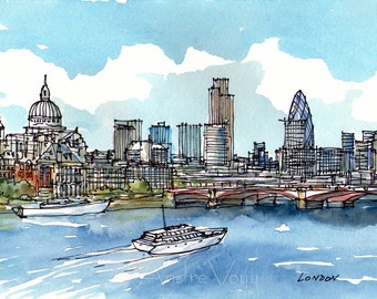 London Thames Panorama art print from an original watercolor painting