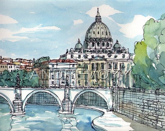 Rome Sant Angelo Bridge Italie tirage d’art à partir d’une aquarelle originale