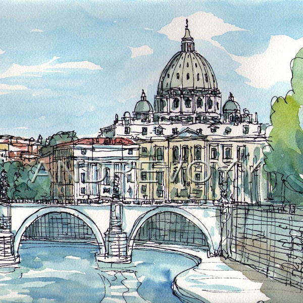 Rome Sant Angelo Bridge Italy art print from an original watercolor