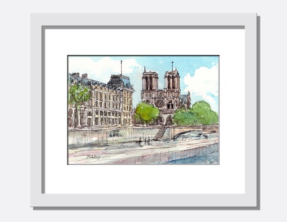 Paris Notre Dame Cathedral Saine Bridge, Art Print From Watercolor