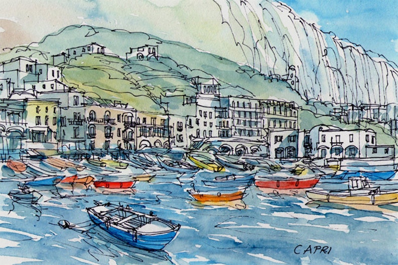 Capri Port Italy Art Print From an Original Watercolor Etsy