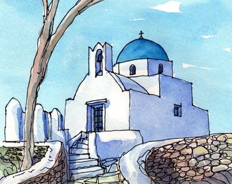 Sifnos Chapel Greece art print from an original watercolor painting