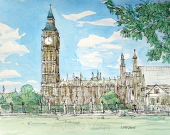 London Big Ben and Westminster Abbey art print from an original watercolor painting