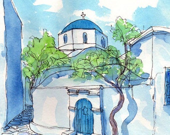 Paros Church Tree, Greece art print of original watercolor painting