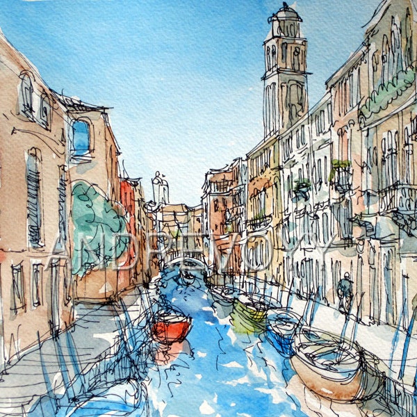 Impresión artística del canal de Venecia, Italia, a partir de una pintura de acuarela original