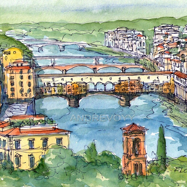 Florence Panorama  Italy art print from an original watercolor painting