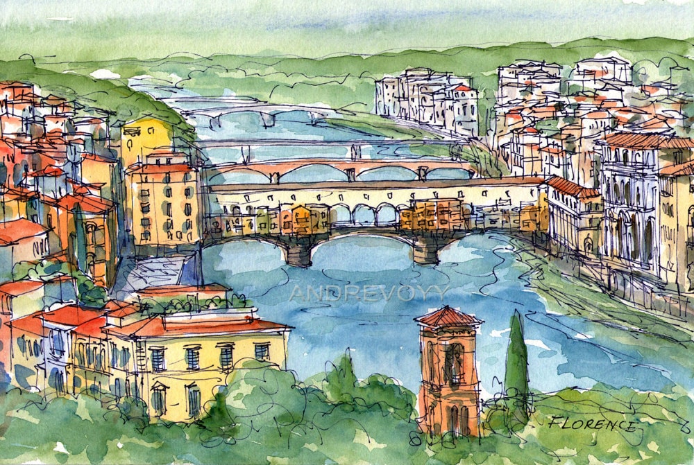 Florence Panorama Italy Art Print From an Original Watercolor Etsy