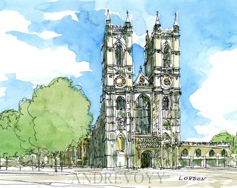 May include: A watercolor painting of Westminster Abbey in London, England. The abbey is a large, gothic church with two tall towers. The painting is done in shades of gray, brown, and green, with a blue sky in the background.