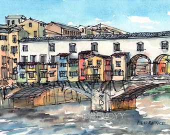 Op de afbeelding: Een aquarel schilderij van een brug in Florence, Italië. De brug is bekleed met kleurrijke gebouwen en heeft bogen aan de onderkant. Het schilderij is gesigneerd "ANDREVOYY" en bevat het woord "FLORENCE".