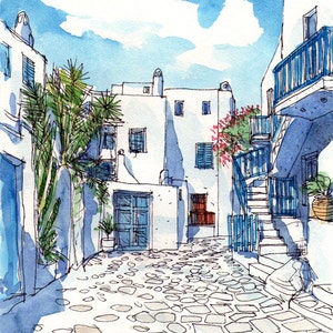 Mykonos Square Greece art print from an original watercolor painting