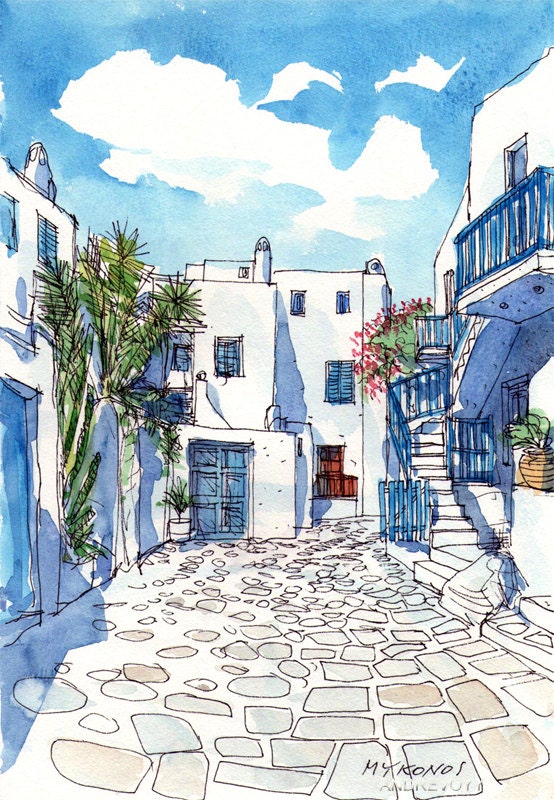 Mykonos Square Greece art print from an original watercolor painting