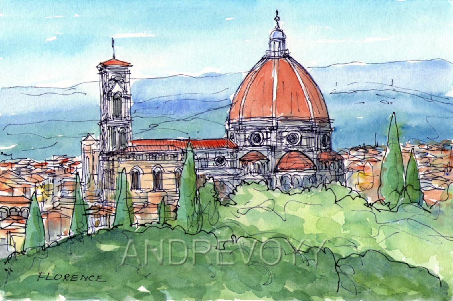 Florence Duomo Italy art print from an original watercolor Etsy