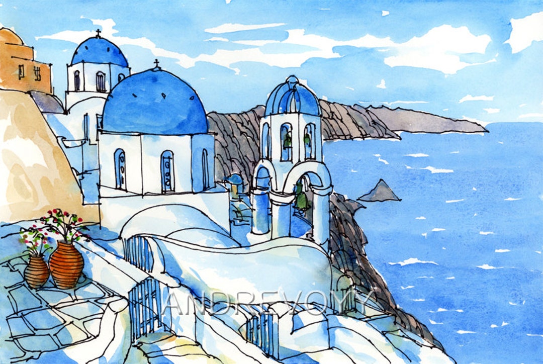 サントリーニ島 イア 3 ギリシャ 水彩画のオリジナルアート