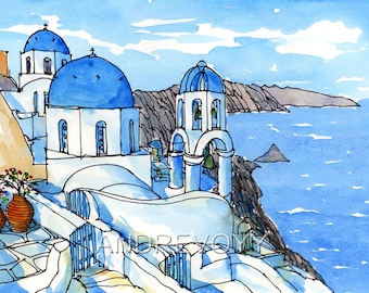 Santorini Oia 3 Greece art print from an original watercolor painting