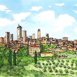 San Gimignano Italy art print  from an original watercolor painting