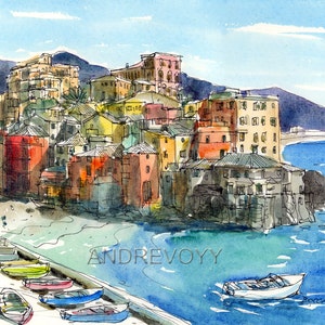 Boccadasse Italy art print from an original watercolor painting