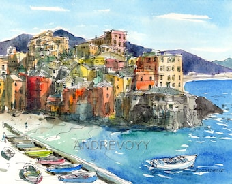 Boccadasse Italy art print from an original watercolor painting