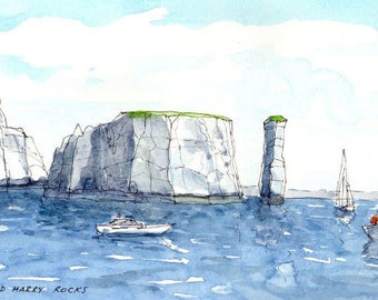 Old Harry Rocks 2, United Kingdom , art print from an original watercolor painting