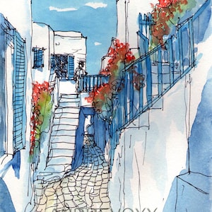Mykonos Street Flowers Greece art print from an original watercolor painting