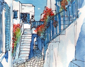 Mykonos Street Flowers Greece art print from an original watercolor painting