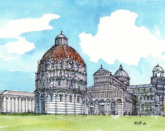 Pisa Baptistery Miracles Square Italy  art print from an original watercolor painting