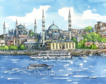 Istanbul Mosques Turkey art print of the original watercolor painting