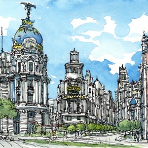 Madrid, Spanje kunstprint van origineel aquarel schilderij