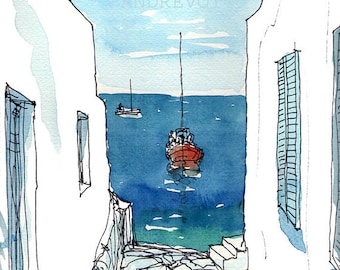 Paros Boat Greece art print from original watercolor painting