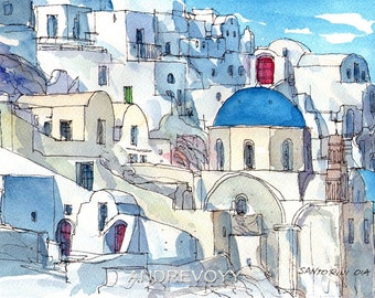 Santorini Oia 7 Greece art print from an original watercolor painting